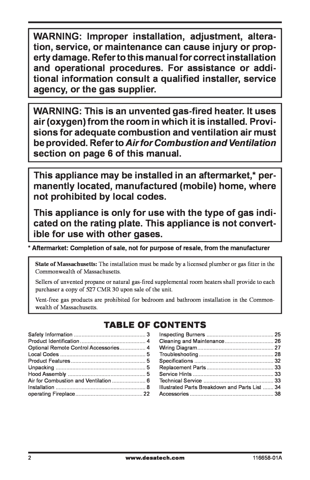 Desa CDCFNRA, CDCFPRA installation manual Table Of Contents, 116658-01A 