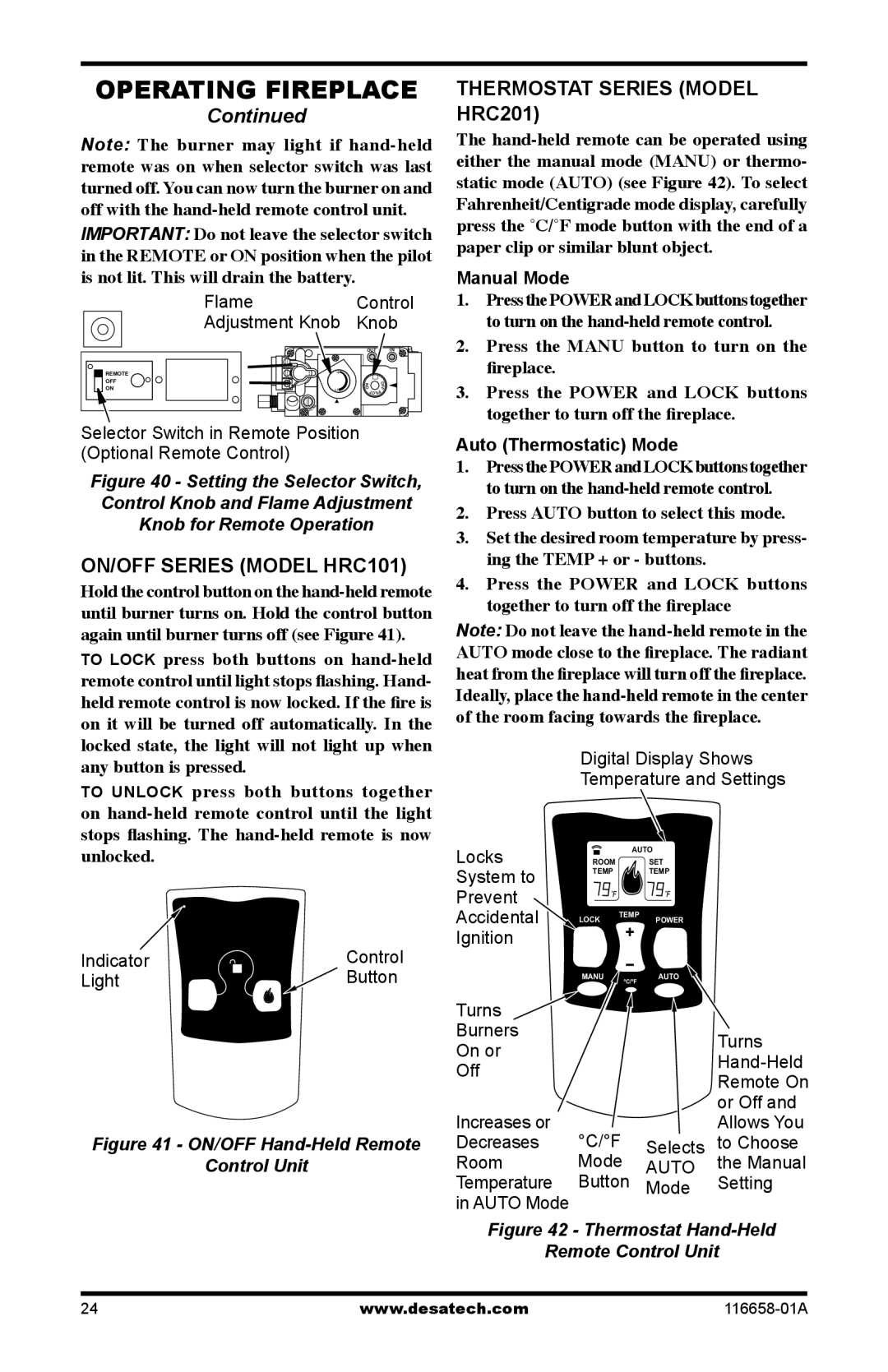 Desa CDCFNRA, CDCFPRA Continued, ON/OFF SERIES MODEL HRC101, THERMOSTAT SERIES MODEL HRC201, Setting the Selector Switch 