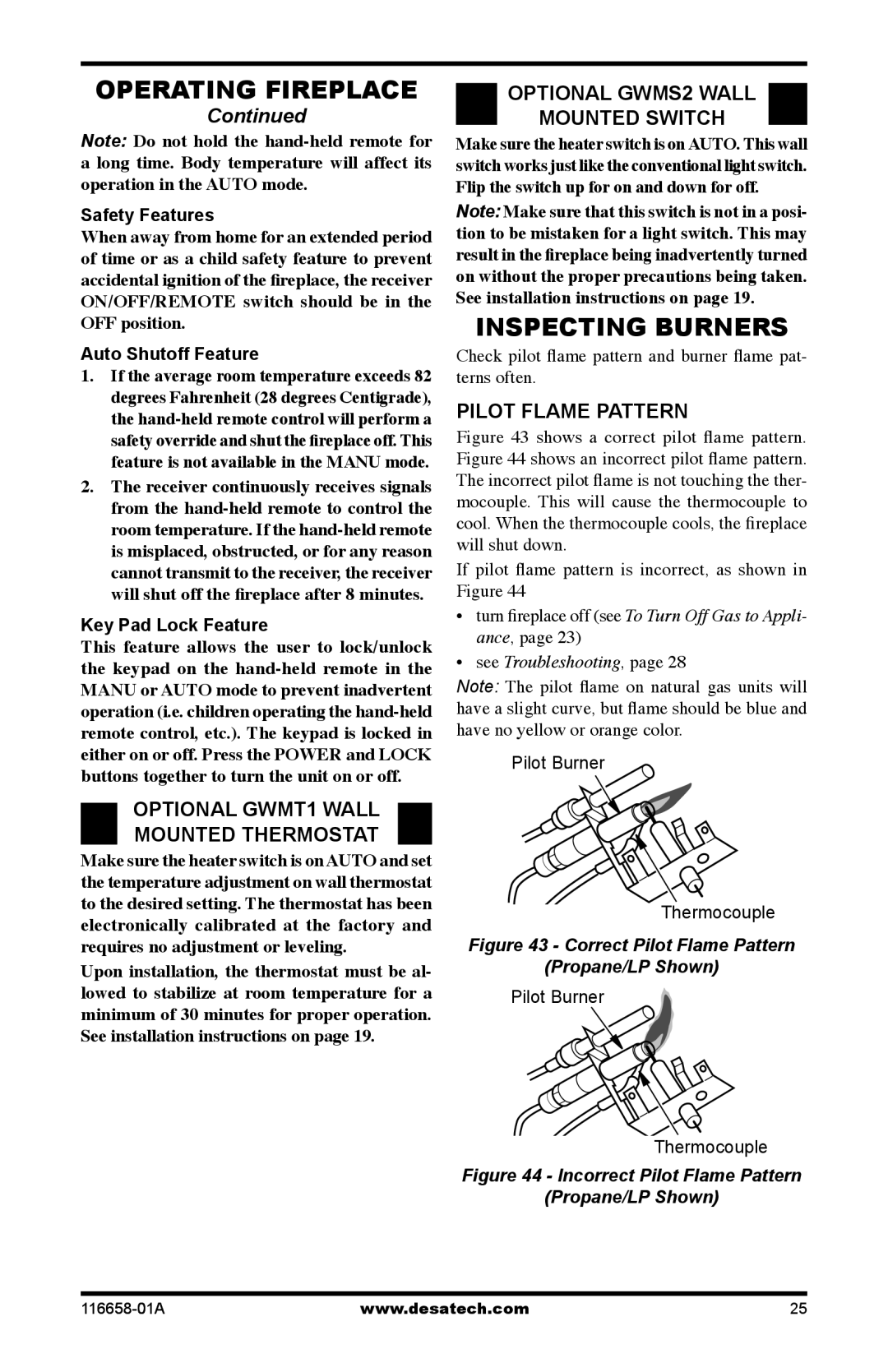 Desa CDCFPRA Continued, OPTIONAL GWMT1 WALL MOUNTED THERMOSTAT, OPTIONAL GWMS2 WALL MOUNTED SWITCH, Pilot Flame Pattern 