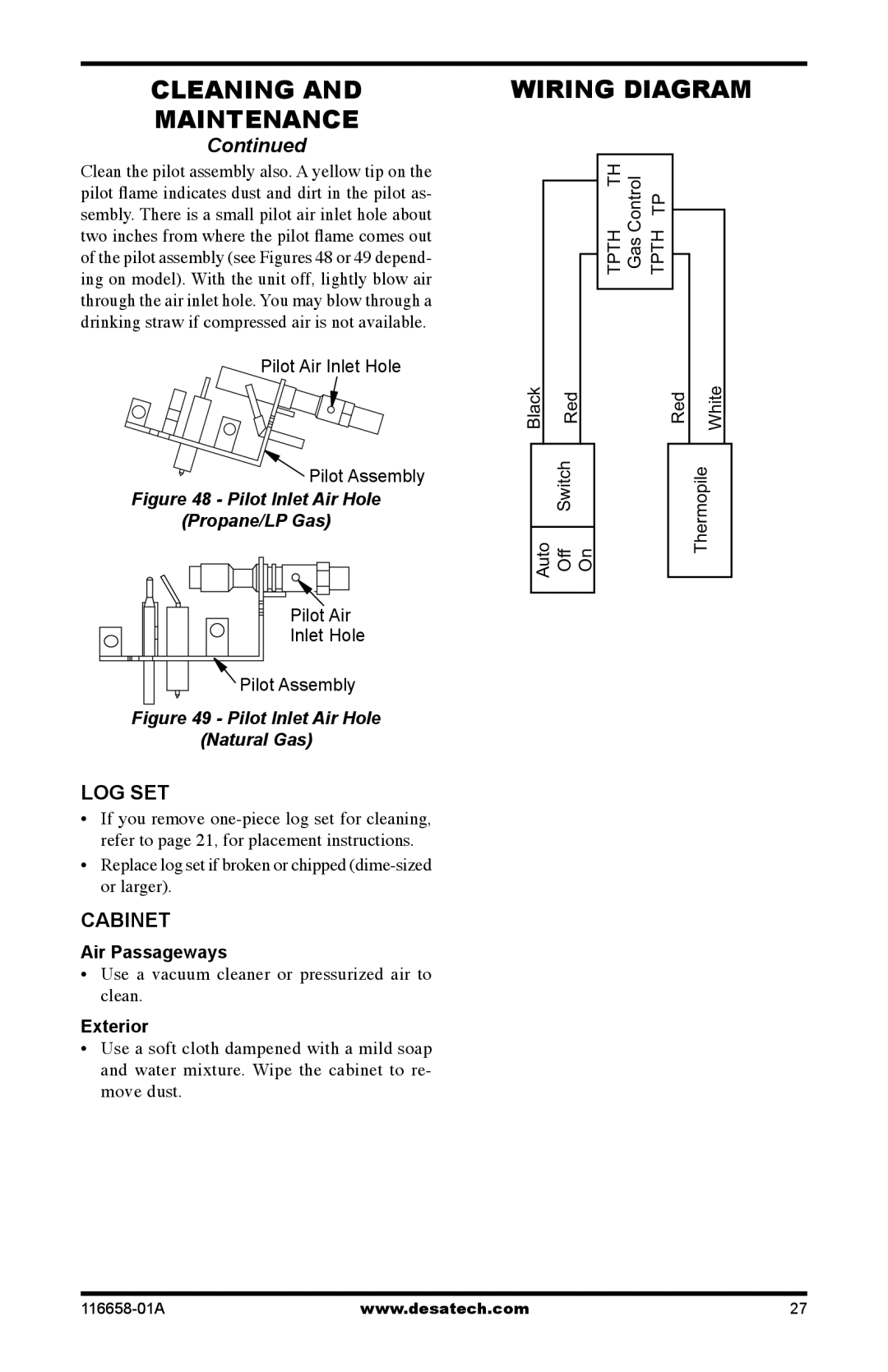 Desa CDCFPRA, CDCFNRA Continued, Log Set, Cabinet, Pilot Inlet Air Hole Propane/LP Gas, Pilot Inlet Air Hole Natural Gas 