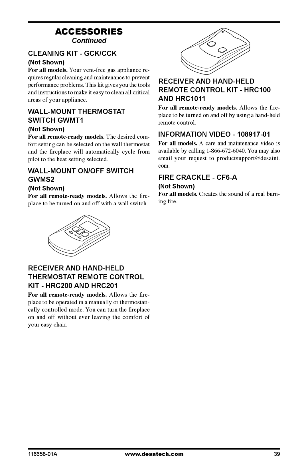 Desa CDCFPRA Continued, Cleaning Kit - Gck/Cck, WALL-MOUNT THERMOSTAT SWITCH GWMT1, WALL-MOUNT ON/OFF SWITCH GWMS2 