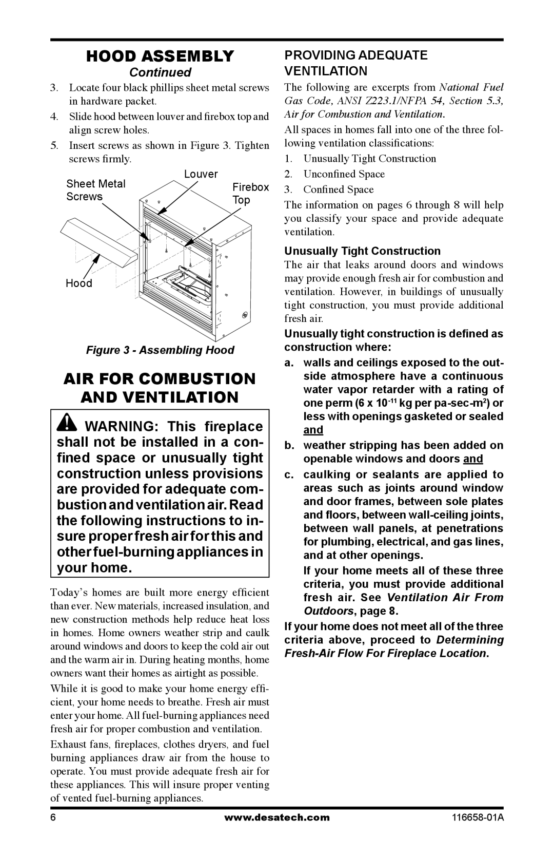 Desa CDCFNRA, CDCFPRA Continued, Providing Adequate Ventilation, Assembling Hood, Unusually Tight Construction 