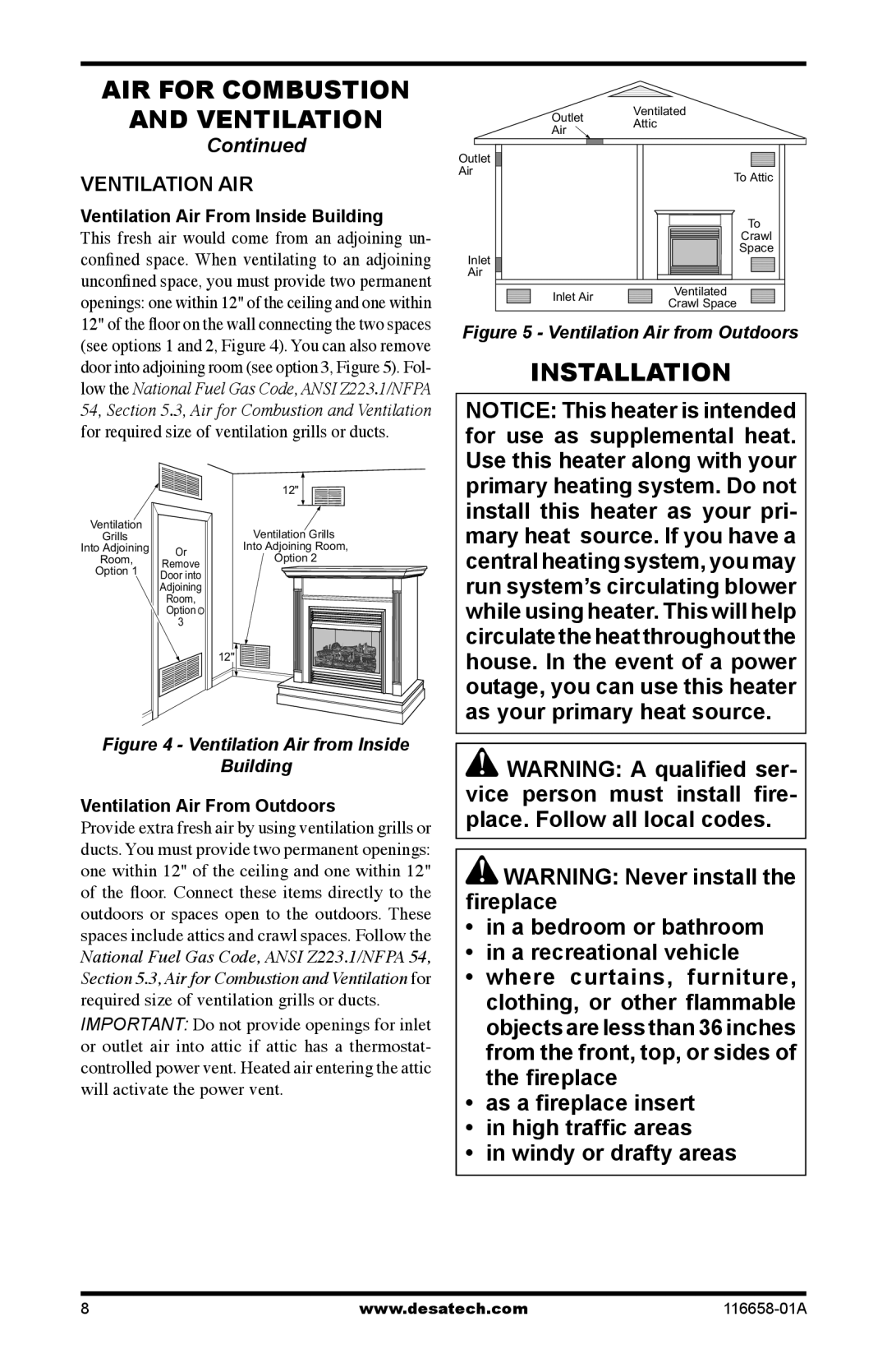 Desa CDCFNRA, CDCFPRA WARNING Never install the ﬁreplace in a bedroom or bathroom, in a recreational vehicle, Continued 