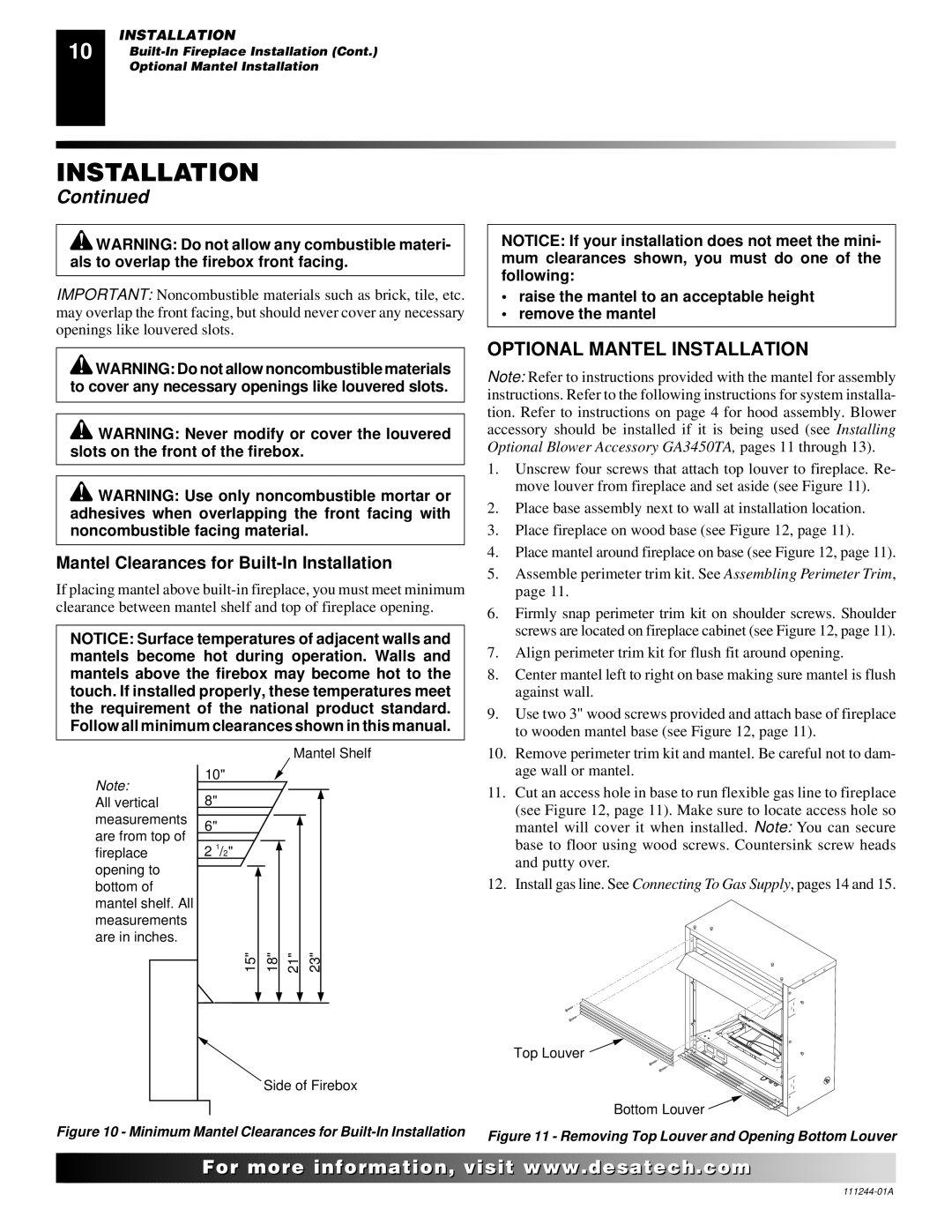 Desa CDCFTN, CDCFTP, FDCFTN, FDCFRP, FDCFTP, FDCFRN Optional Mantel Installation, Mantel Clearances for Built-In Installation 