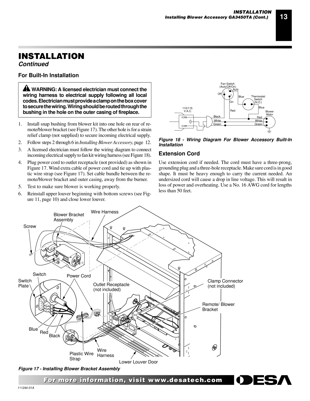 Desa FDCFRP, CDCFTN, CDCFTP, FDCFTN, FDCFTP, FDCFRN, VDCFTP, VDCFRP, VDCFTN, VDCFRN For Built-In Installation, Extension Cord 