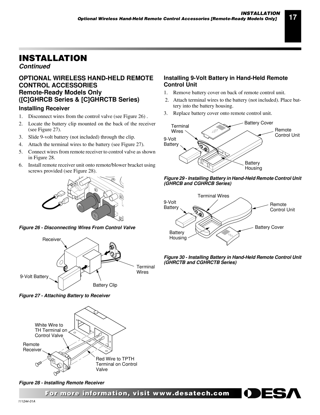 Desa VDCFRP, CDCFTN, CDCFTP, FDCFTN, FDCFRP Optional Wireless HAND-HELD Remote Control Accessories, Installing Receiver 