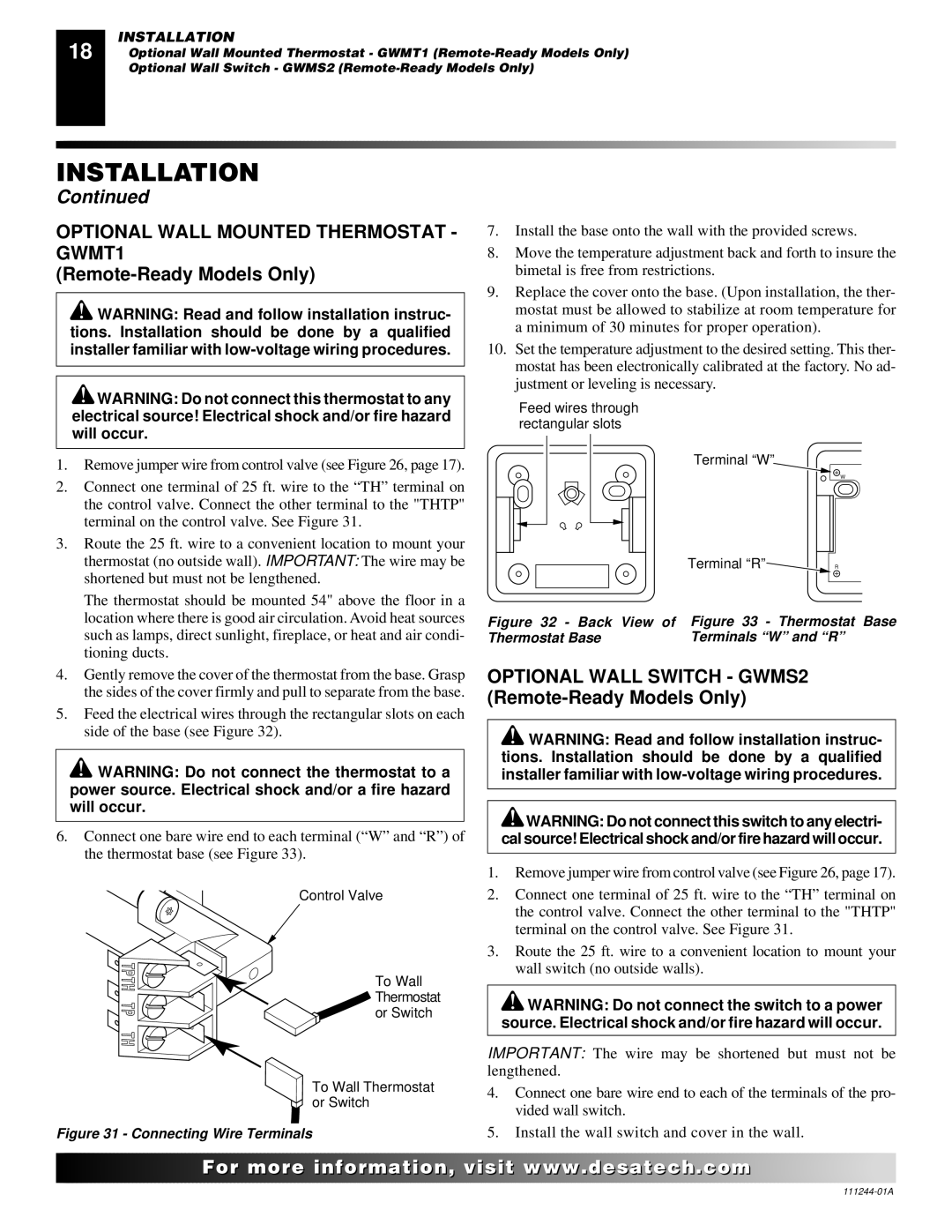 Desa VDCFTN, CDCFTN, CDCFTP, FDCFTN, FDCFRP, FDCFTP, FDCFRN Optional Wall Mounted Thermostat GWMT1, Remote-Ready Models Only 