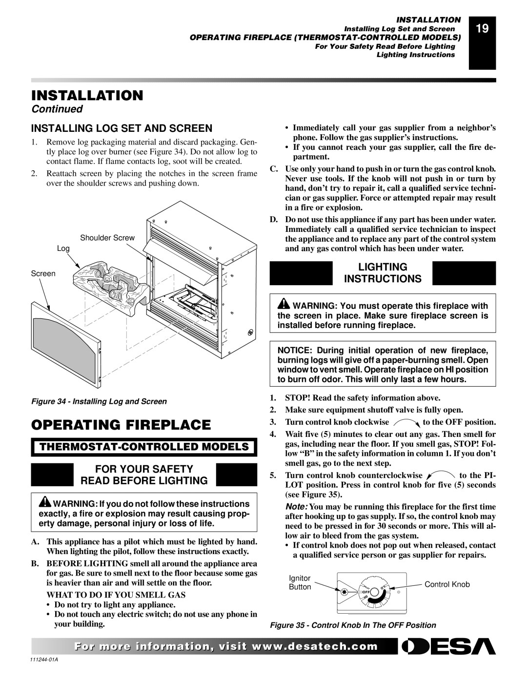 Desa VDCFRN, CDCFTN, CDCFTP, FDCFTN, FDCFRP, FDCFTP Operating Fireplace, Installing LOG SET and Screen, Lighting Instructions 