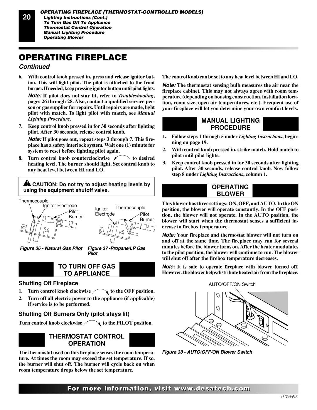 Desa CDCFTN To Turn OFF GAS To Appliance, Thermostat Control Operation, Manual Lighting Procedure, Operating Blower 