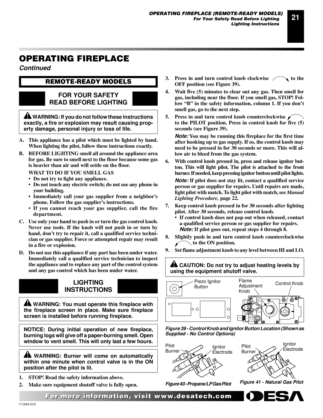 Desa CDCFTP, CDCFTN, FDCFTN, FDCFRP, FDCFTP REMOTE-READY Models For Your Safety Read Before Lighting, Propane/LPGasPilot 