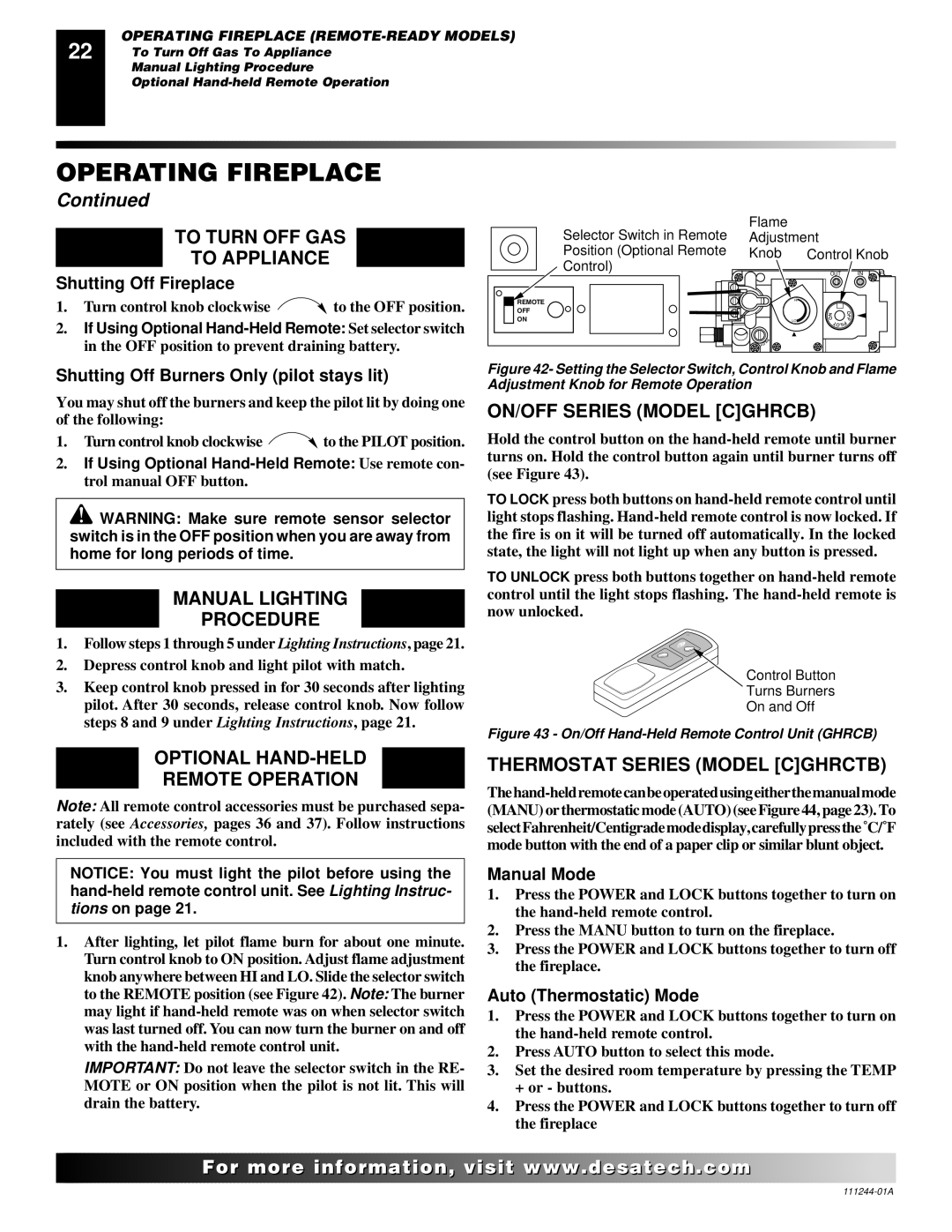 Desa FDCFTN ON/OFF Series Model Cghrcb, Optional HAND-HELD Remote Operation, Thermostat Series Model Cghrctb, Manual Mode 