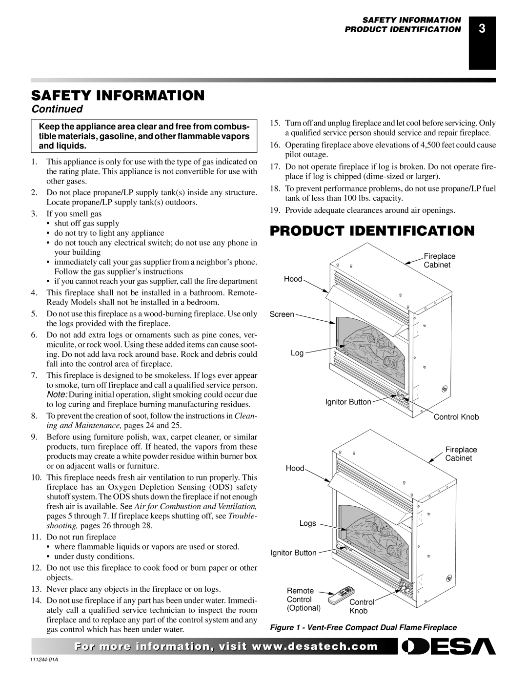 Desa FDCFRP, CDCFTN, CDCFTP, FDCFTN, FDCFTP, FDCFRN, VDCFTP Product Identification, Vent-Free Compact Dual Flame Fireplace 