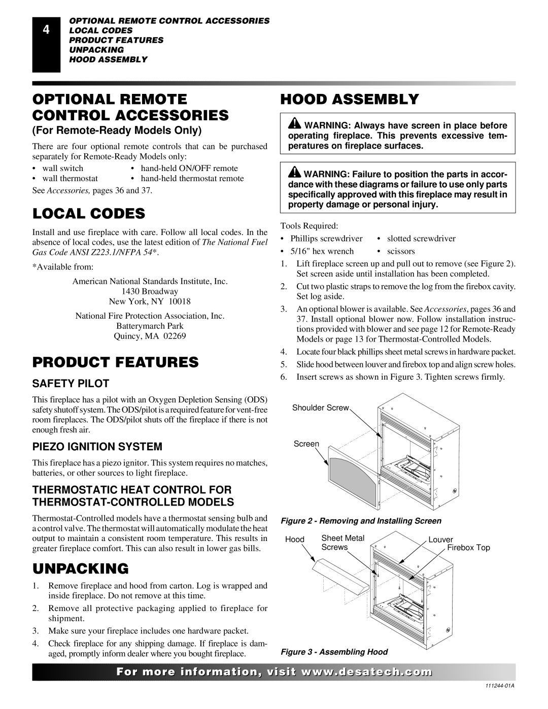 Desa FDCFTP, CDCFTN, CDCFTP Optional Remote Control Accessories, Local Codes, Product Features, Unpacking, Hood Assembly 