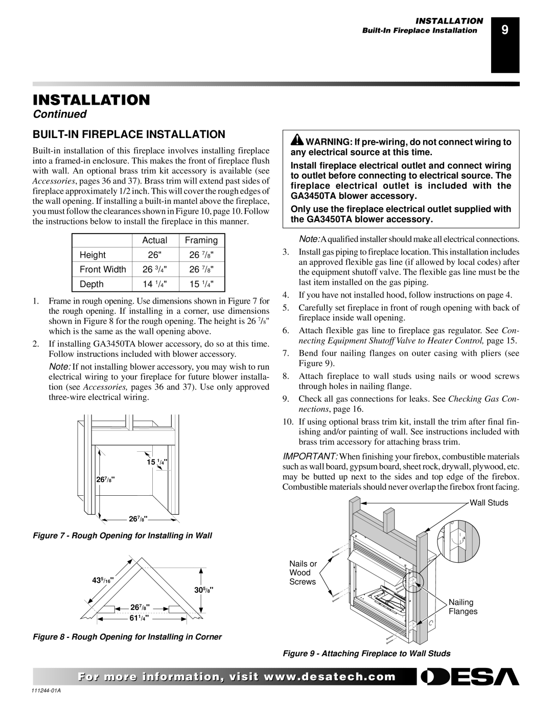 Desa VDCFRN, CDCFTN, CDCFTP BUILT-IN Fireplace Installation, Actual Framing Height 26 7 Front Width 26 3 Depth 14 1 15 1 