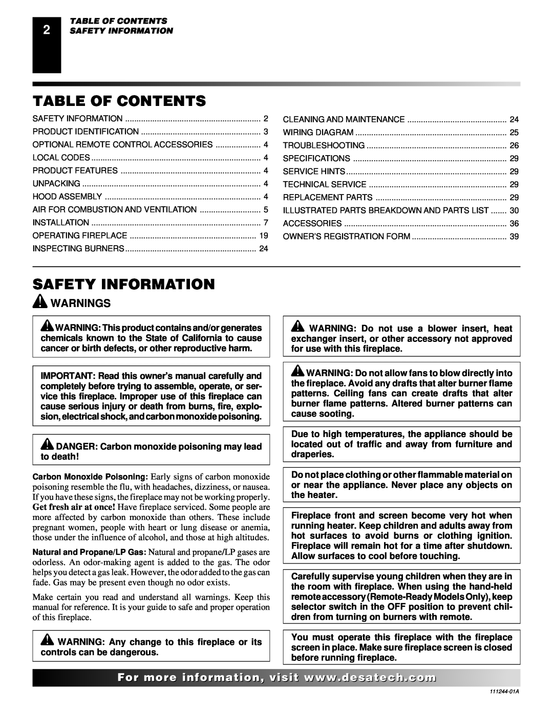 Desa FDCFTN, CDCFTN, CDCFTP, FDCFRP, FDCFTP, FDCFRN, VDCFTP, VDCFRP Table Of Contents, Safety Information, Warnings, For..com 