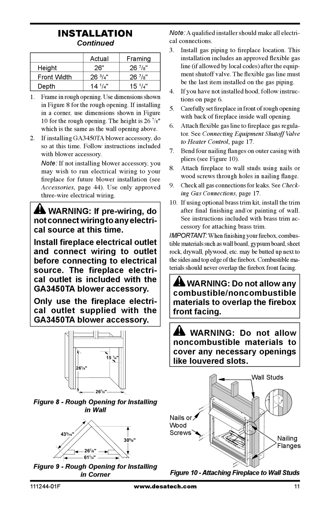 Desa CDCFTPA, CDCFTNA Actual Framing Height, Front Width, Depth, If you have not installed hood, follow instruc- tions on 