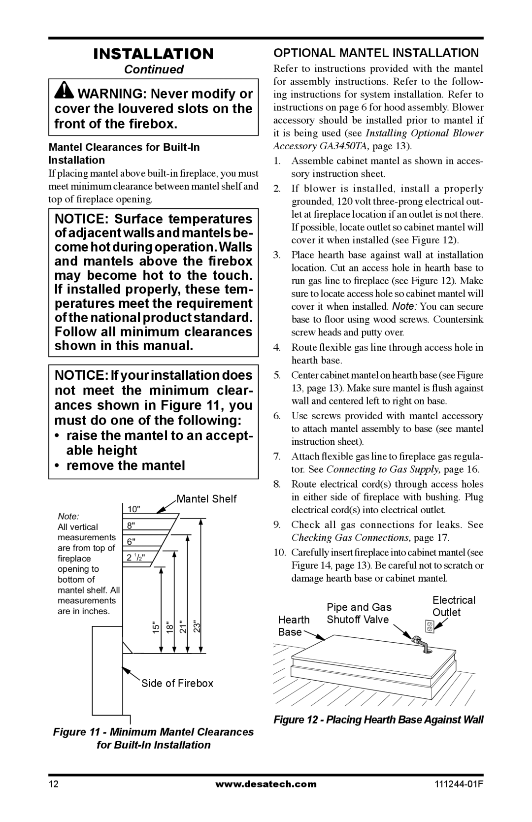 Desa CDCFTNA, CDCFPR, CDCFTPA Optional Mantel Installation, Mantel Clearances for Built-In Installation, Mantel Shelf 