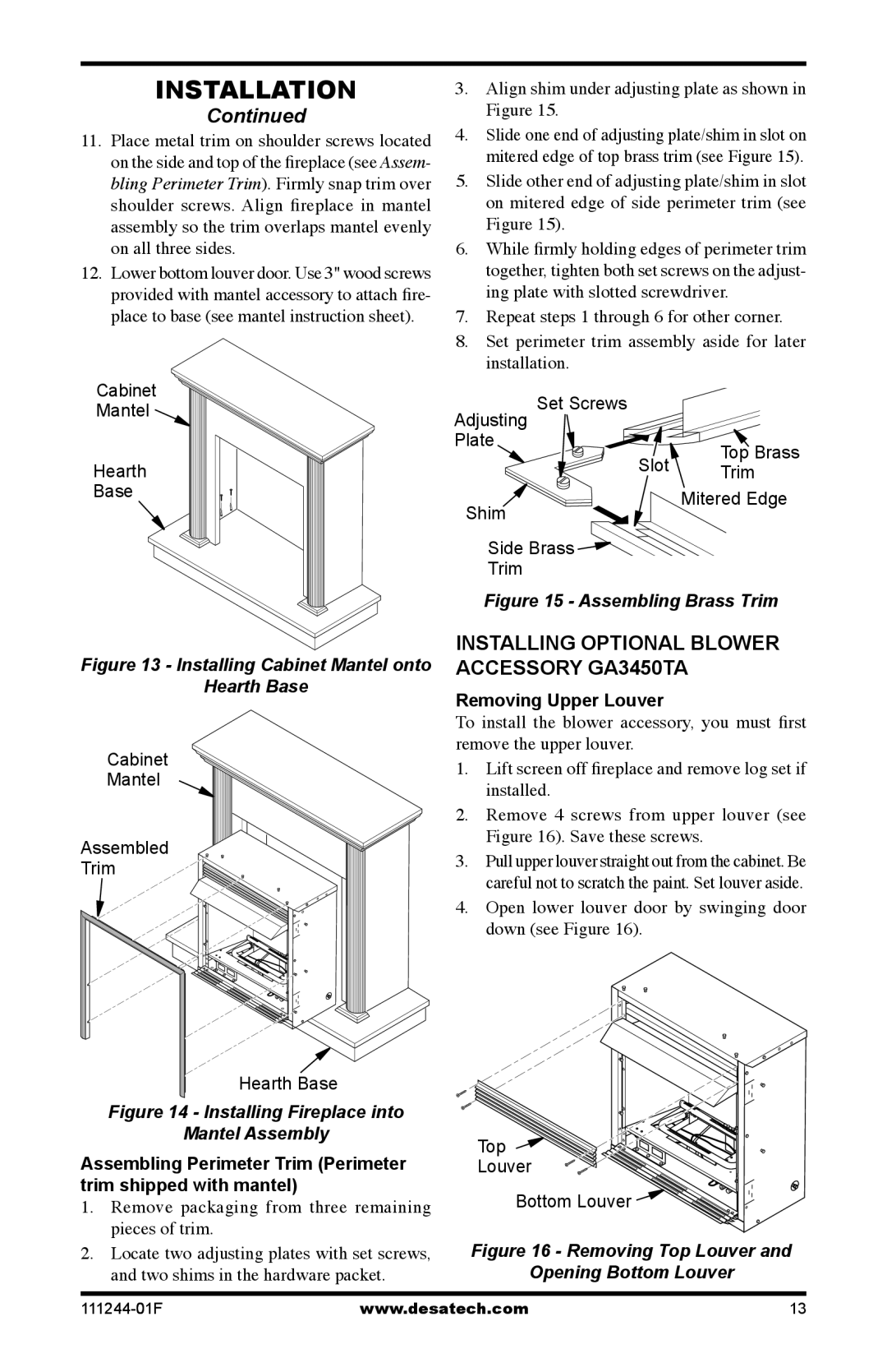 Desa CDCFPR, CDCFTNA, CDCFTPA installation manual Installing Optional Blower Accessory GA3450TA 