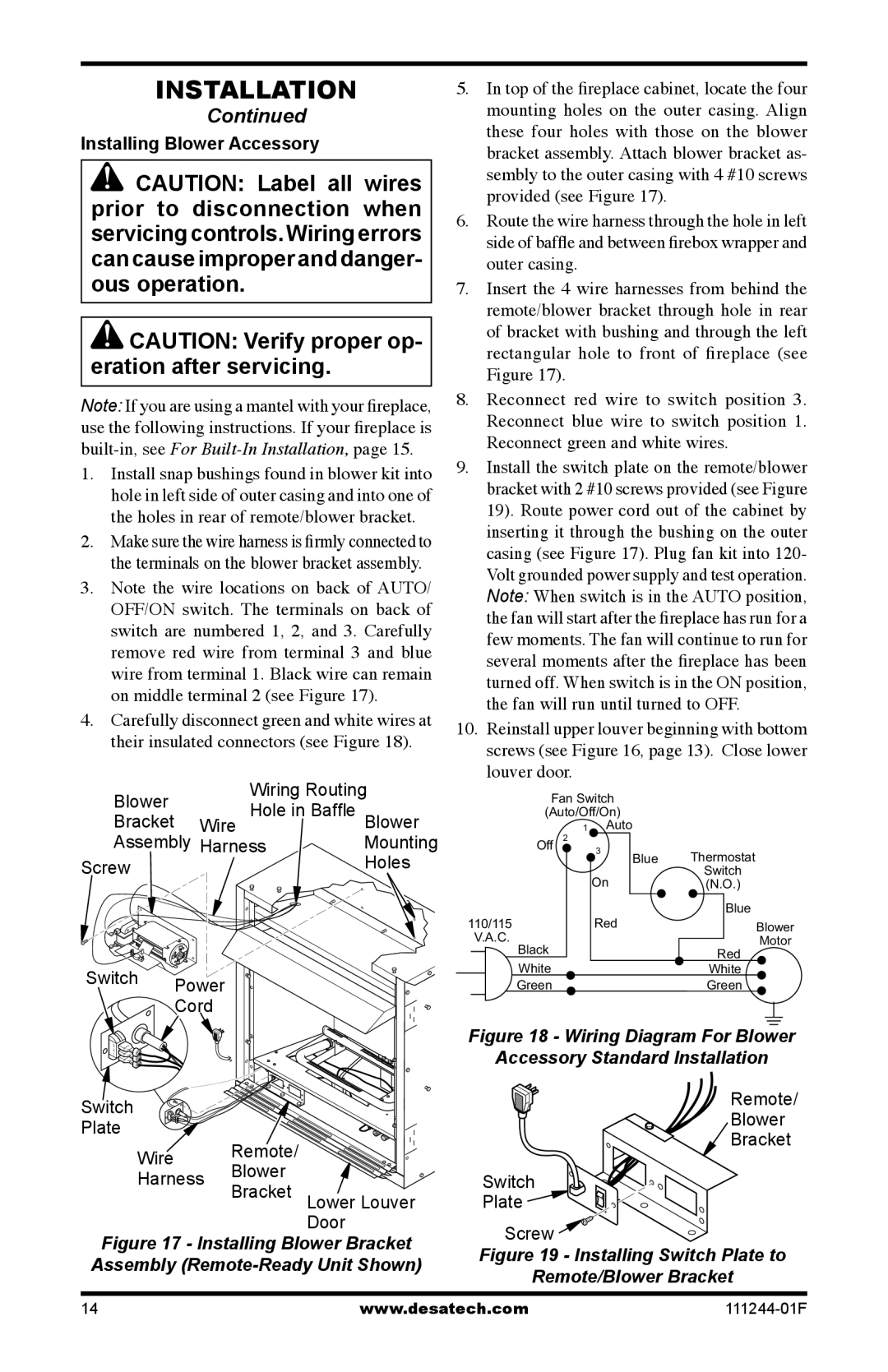 Desa CDCFTPA, CDCFTNA, CDCFPR Installing Blower Accessory, Cord, Switch Plate Wire Remote Blower Harness Bracket, Door 