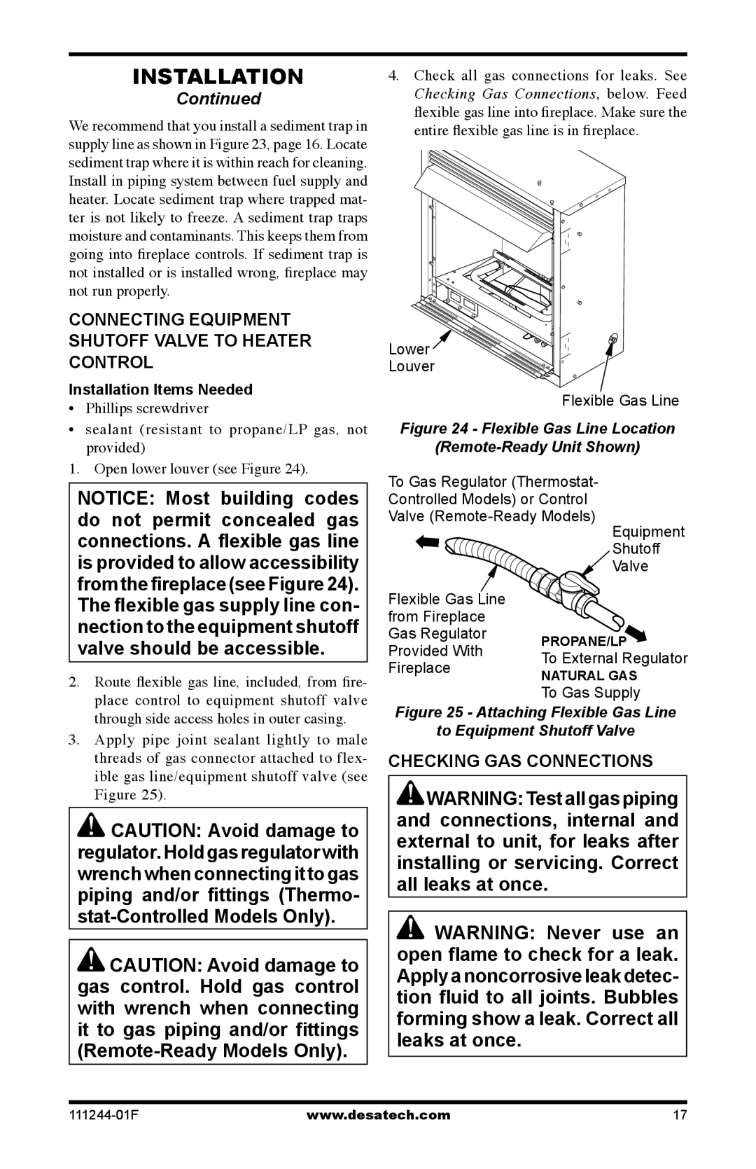 Desa CDCFTPA Connecting Equipment Shutoff Valve to Heater Control, Checking GAS Connections, Installation Items Needed 