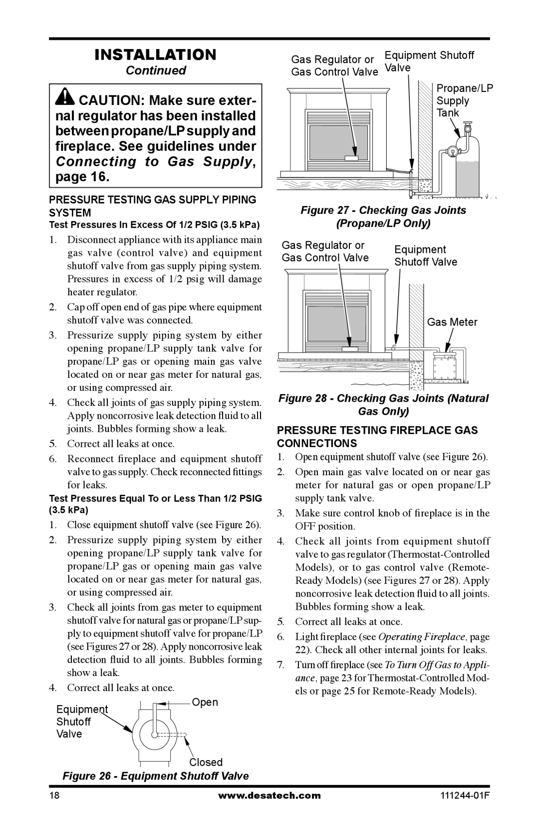 Desa CDCFTNA Correct all leaks at once, Equipment Open Shutoff Valve Closed, Gas Regulator or Equipment Gas Control Valve 