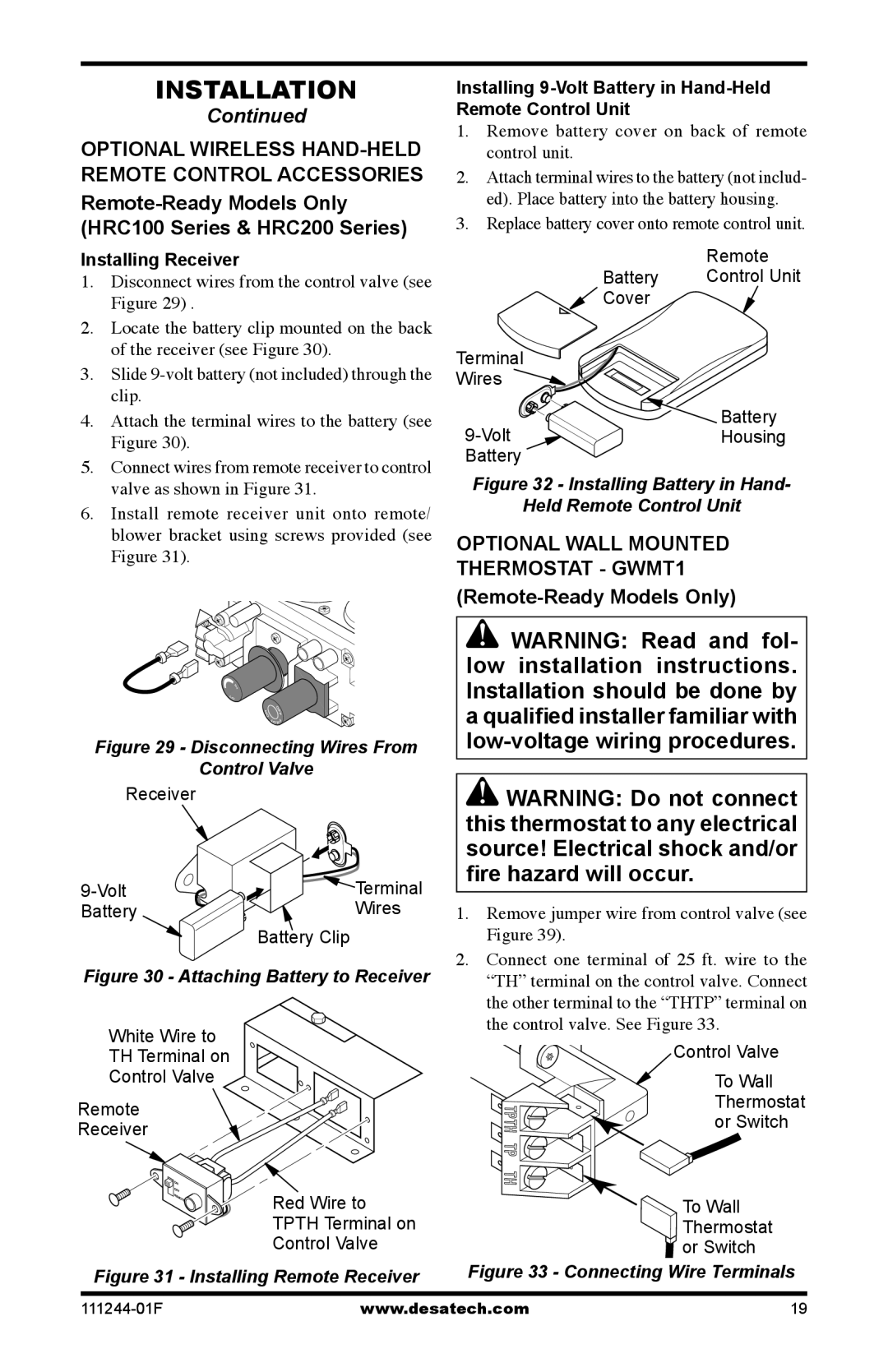 Desa CDCFPR, CDCFTNA Optional Wireless HAND-HELD Remote Control Accessories, Optional Wall Mounted, Thermostat GWMT1 