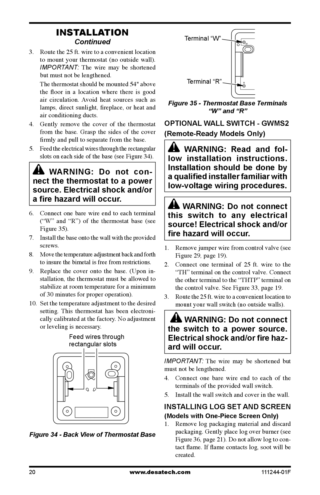 Desa CDCFTPA Feed wires through rectangular slots, Terminal W Terminal R R, Remove jumper wire from control valve see 