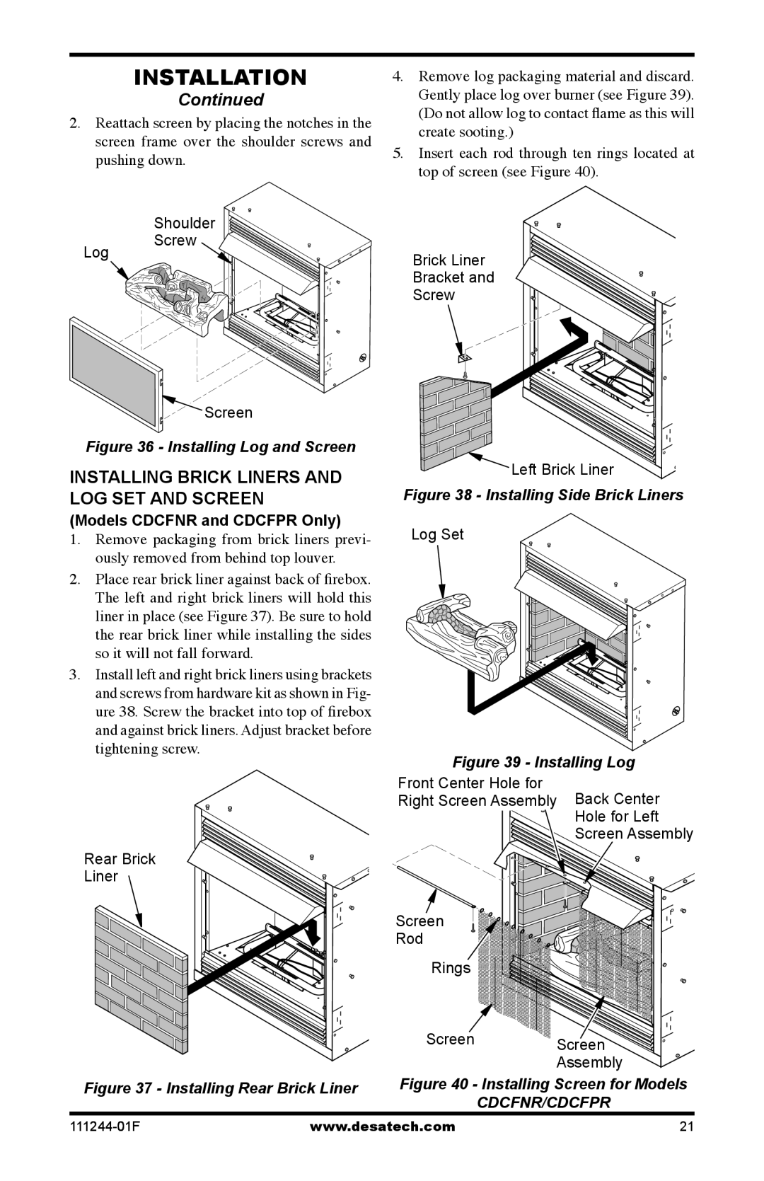 Desa CDCFTNA, CDCFPR, CDCFTPA Log Shoulder Screw Brick Liner Bracket Screen, Rear Brick Liner, Left Brick Liner, Log Set 