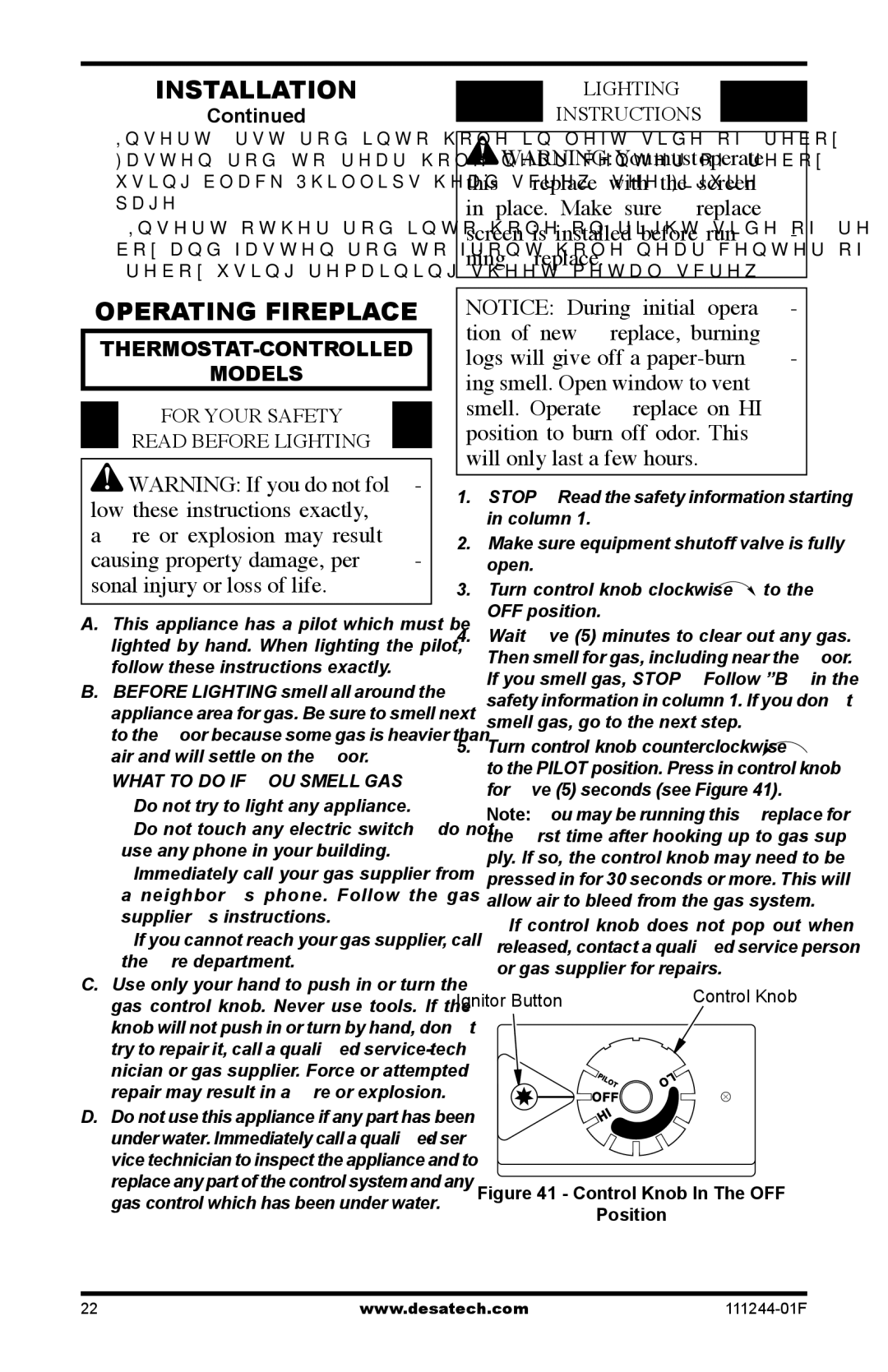 Desa CDCFPR Operating Fireplace, For Your Safety Read Before Lighting, Lighting Instructions, Ignitor Button Control Knob 