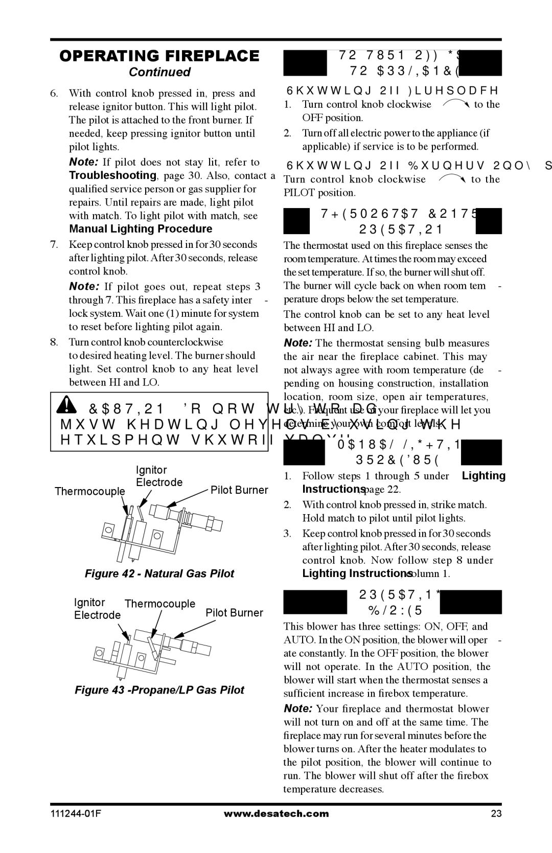 Desa CDCFTPA To Turn OFF GAS To Appliance, Thermostat Control Operation, Manual Lighting Procedure, Operating Blower 