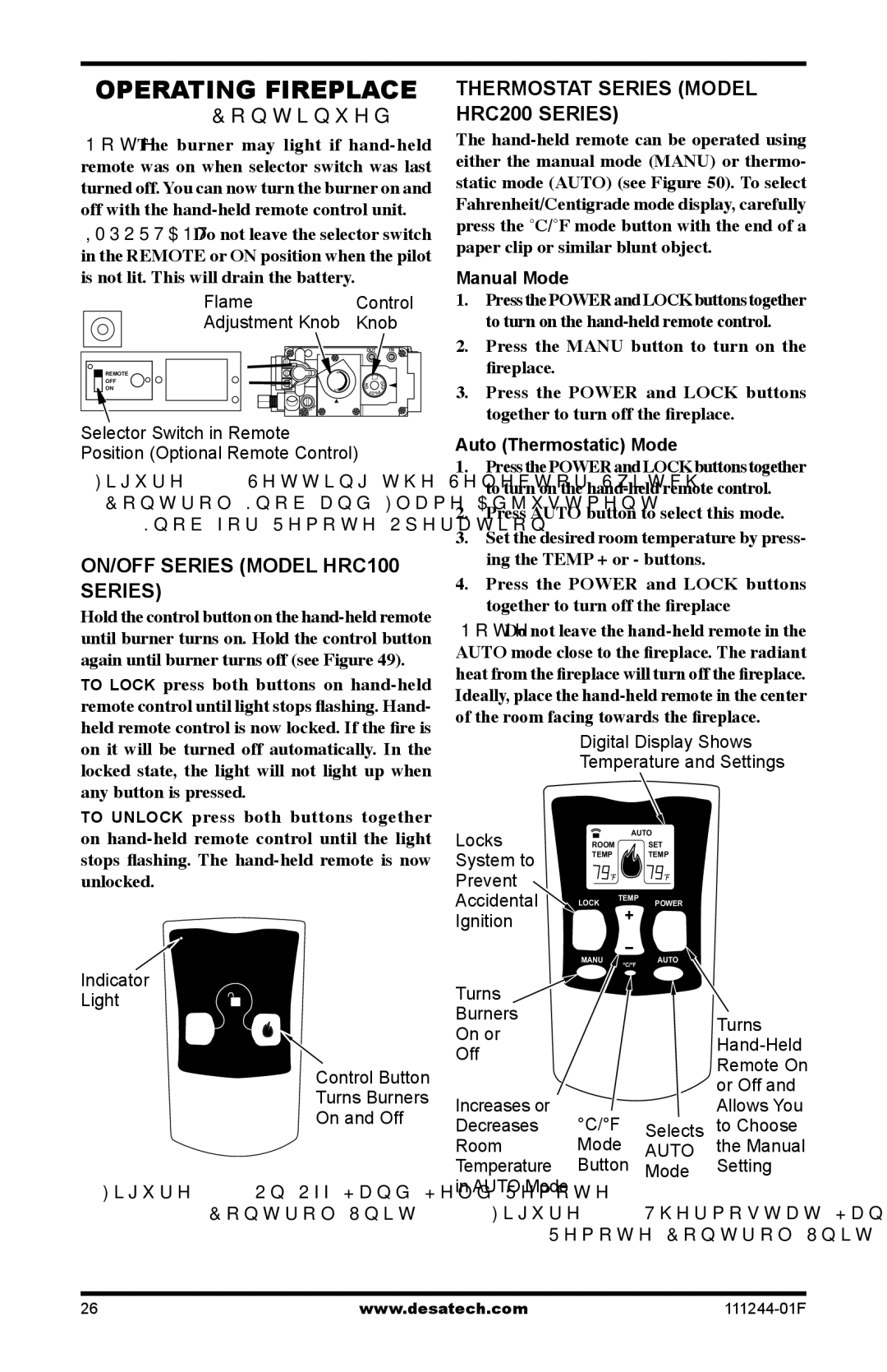 Desa CDCFTPA ON/OFF Series Model HRC100, Thermostat Series Model HRC200 Series, Manual Mode, Auto Thermostatic Mode 