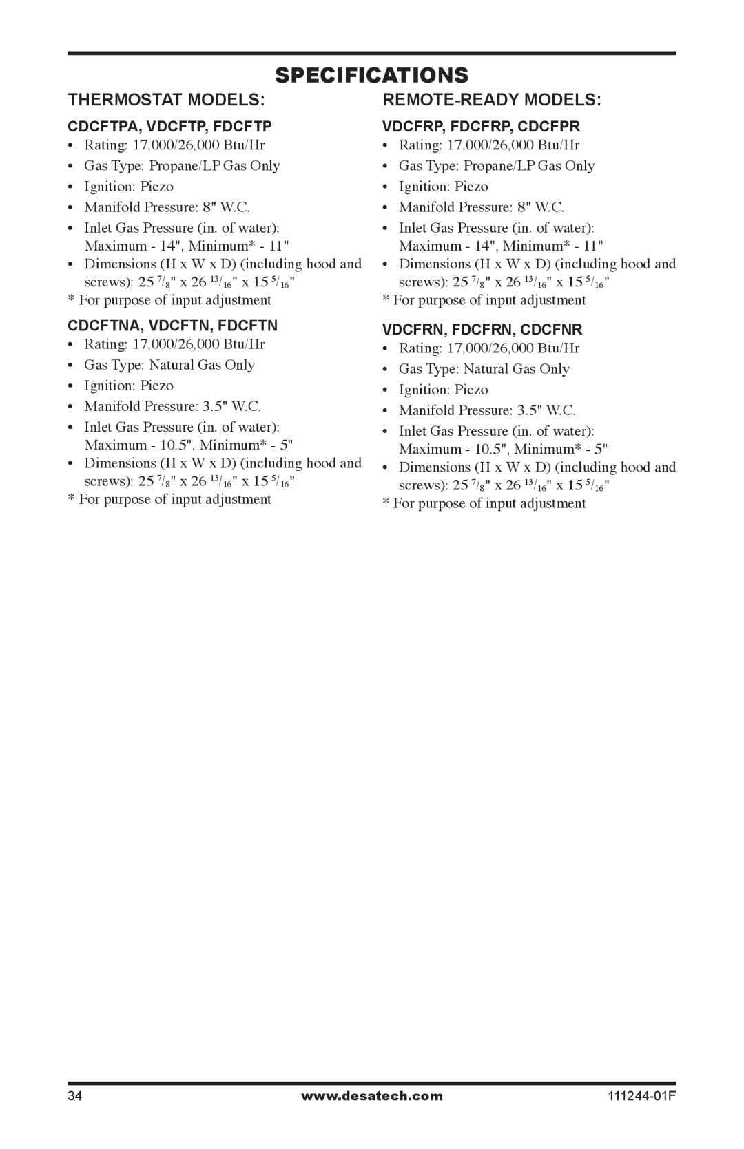 Desa CDCFPR, CDCFTNA, CDCFTPA installation manual Specifications, Thermostat Models, Dimensions H x W x D including hood 