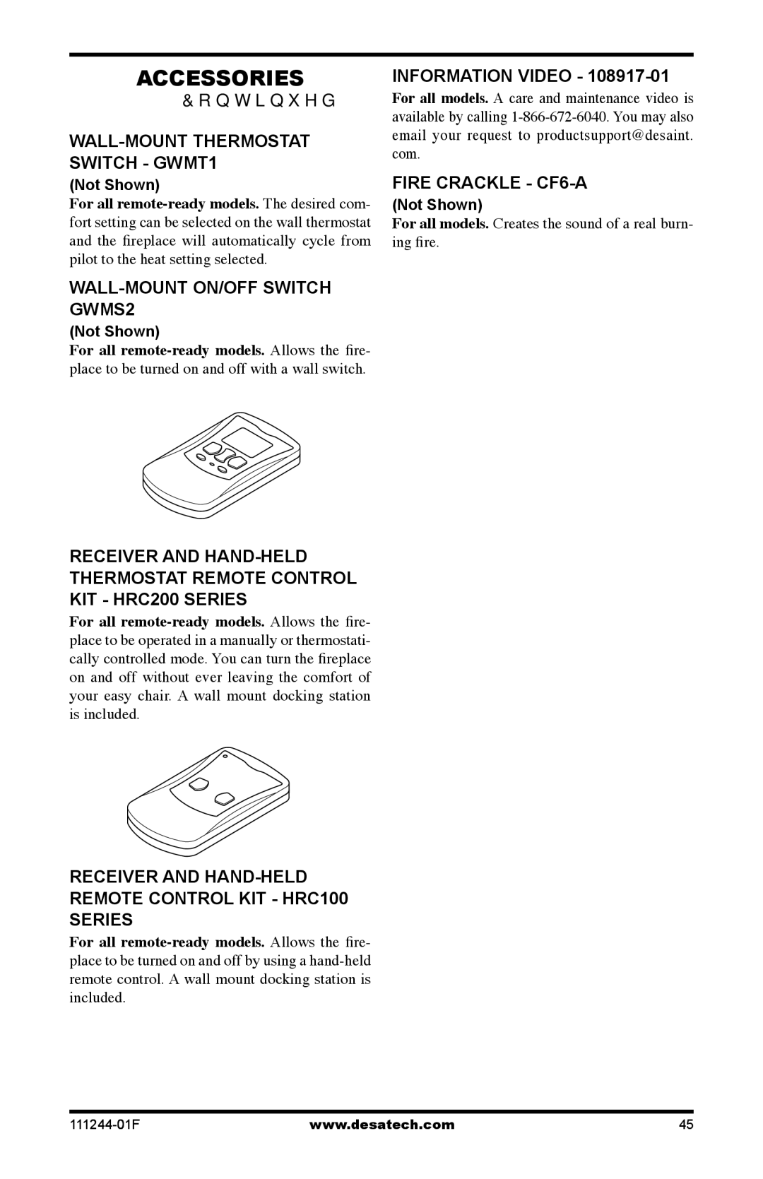 Desa CDCFTNA WALL-MOUNT Thermostat Switch GWMT1, WALL-MOUNT ON/OFF Switch GWMS2, Information Video, Fire Crackle CF6-A 