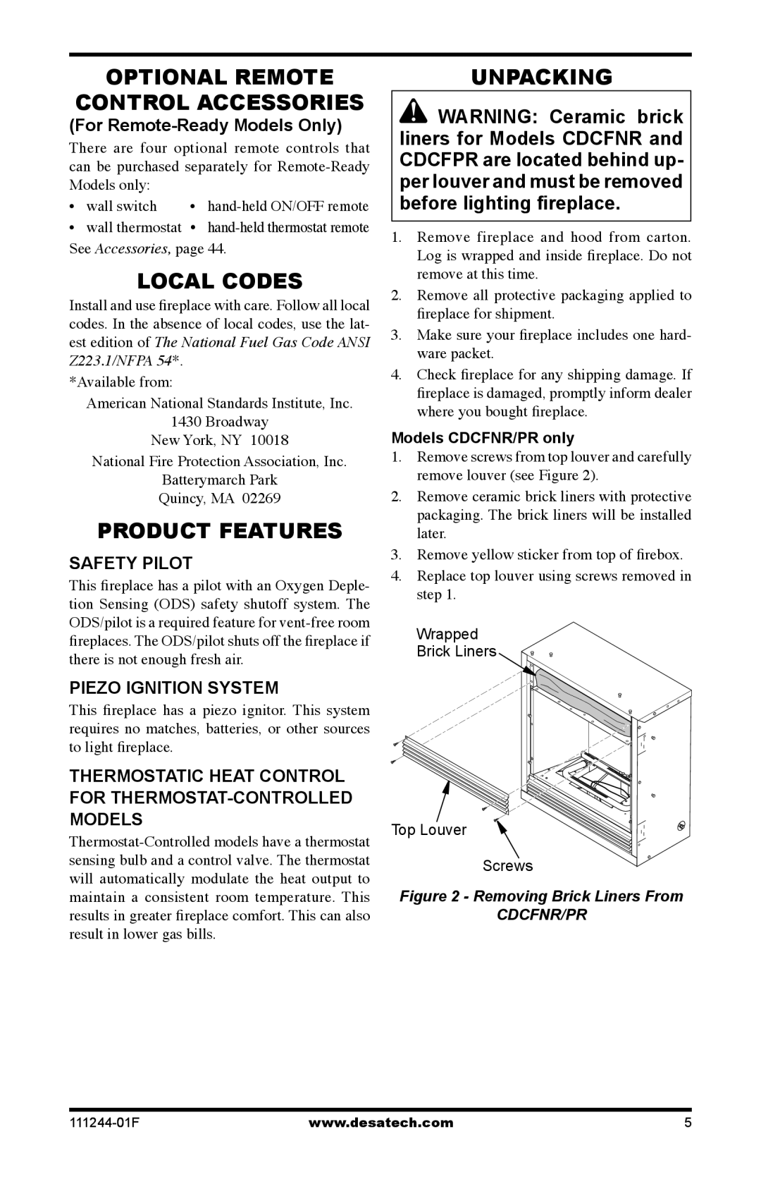 Desa CDCFTPA, CDCFTNA, CDCFPR Optional Remote Control Accessories, Local Codes, Product Features, Unpacking 