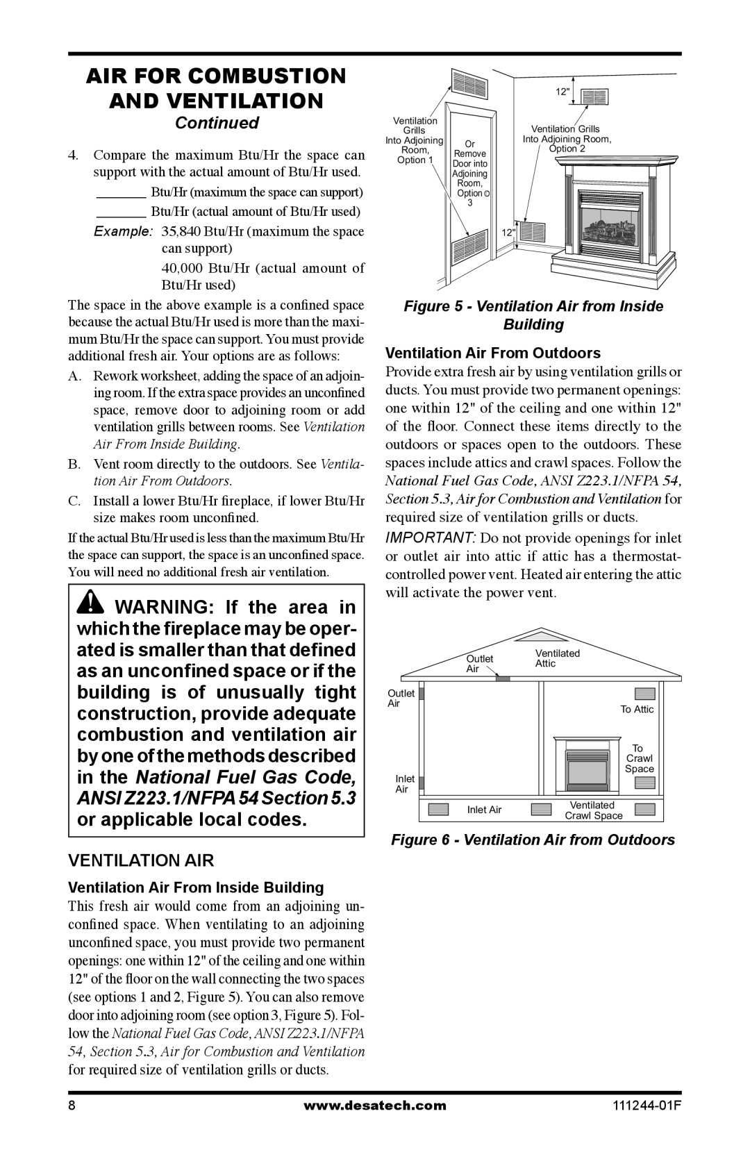 Desa CDCFTPA, CDCFTNA, CDCFPR Ventilation AIR, Ventilation Air From Inside Building, Ventilation Air From Outdoors 