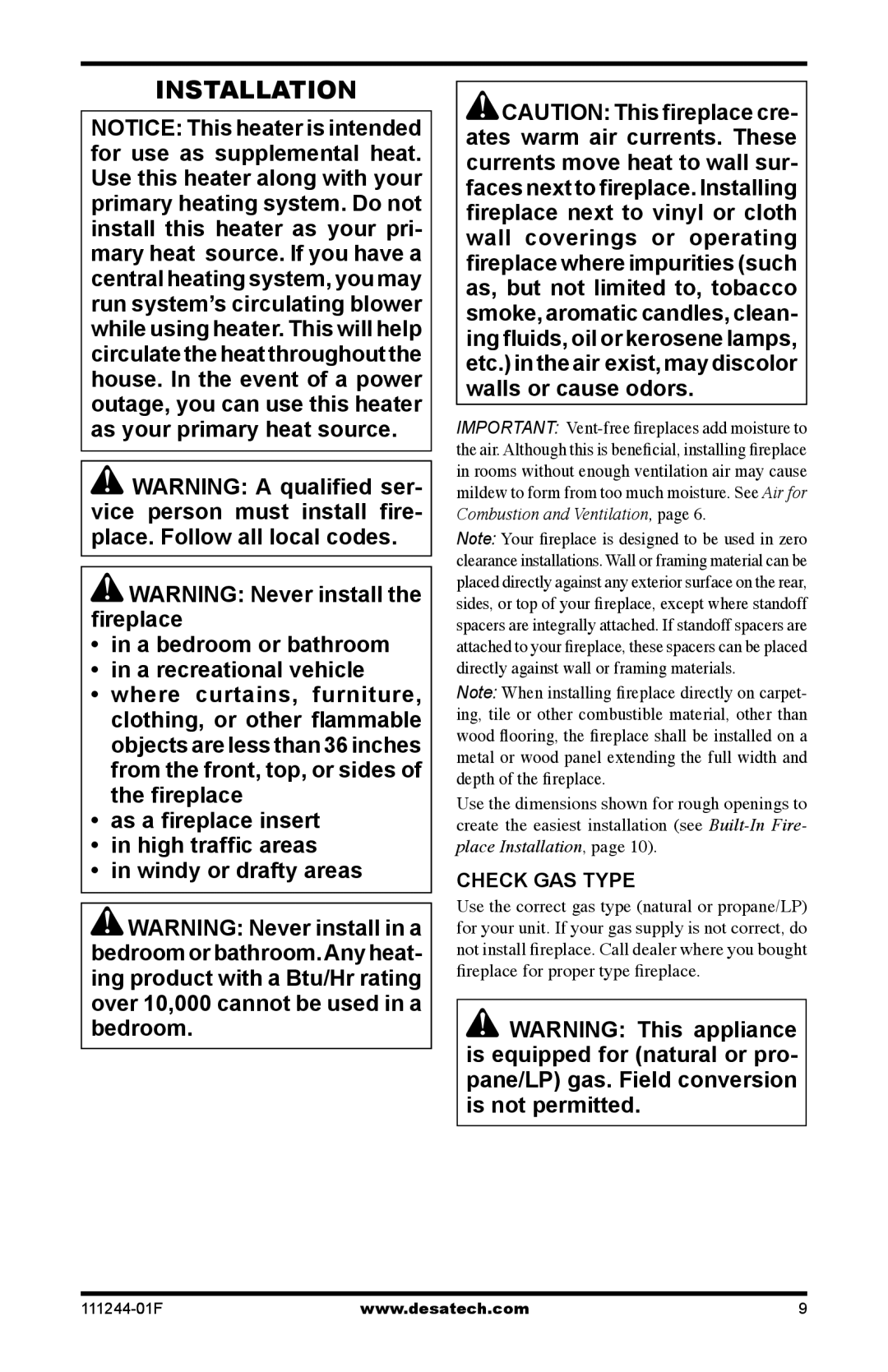 Desa CDCFTNA, CDCFPR, CDCFTPA installation manual Installation, Check GAS Type 