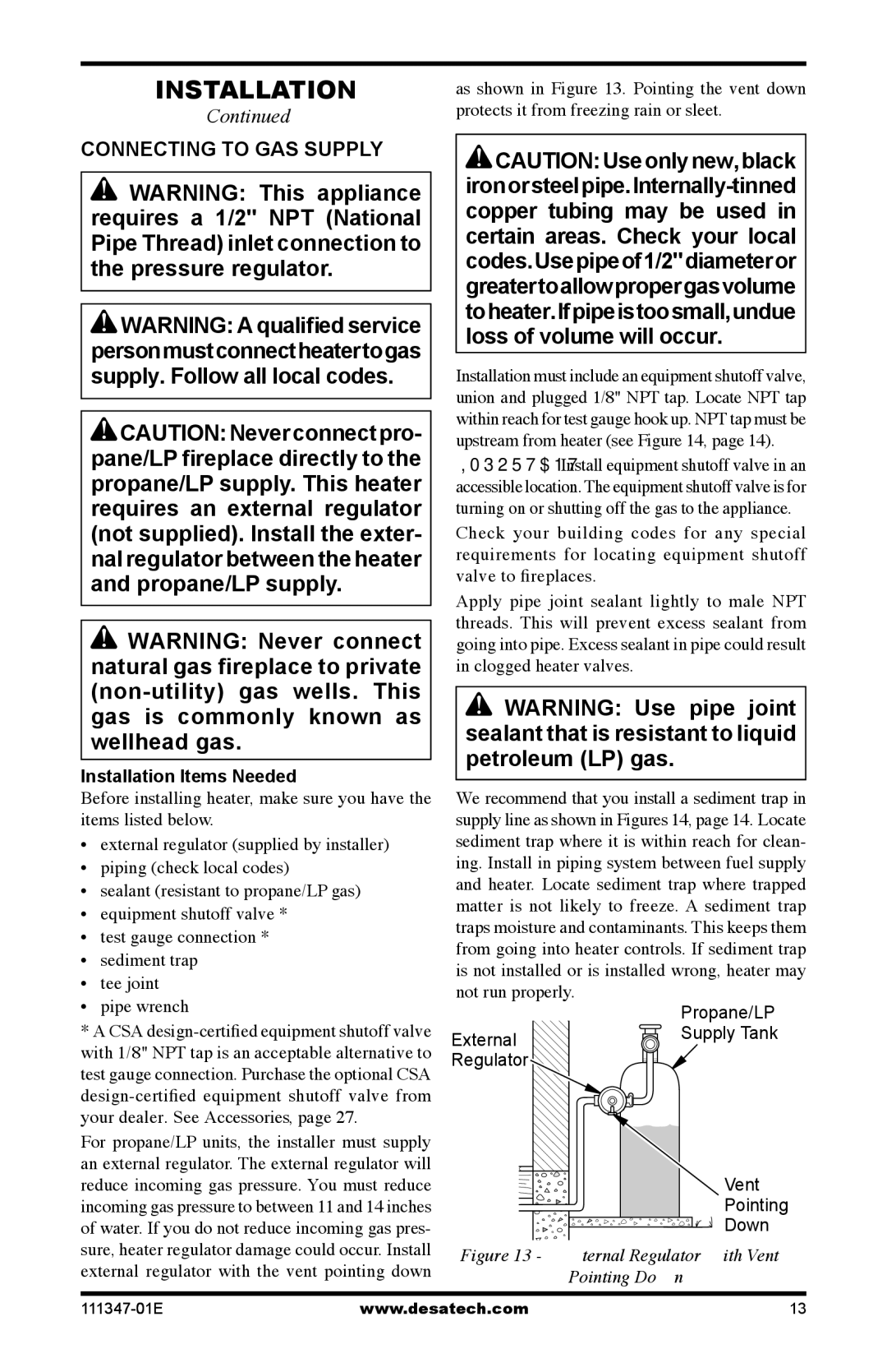 Desa CDL3924PT, CDL3924NT, LSL3124P installation manual Connecting to GAS Supply, External Regulator With Vent Pointing Down 