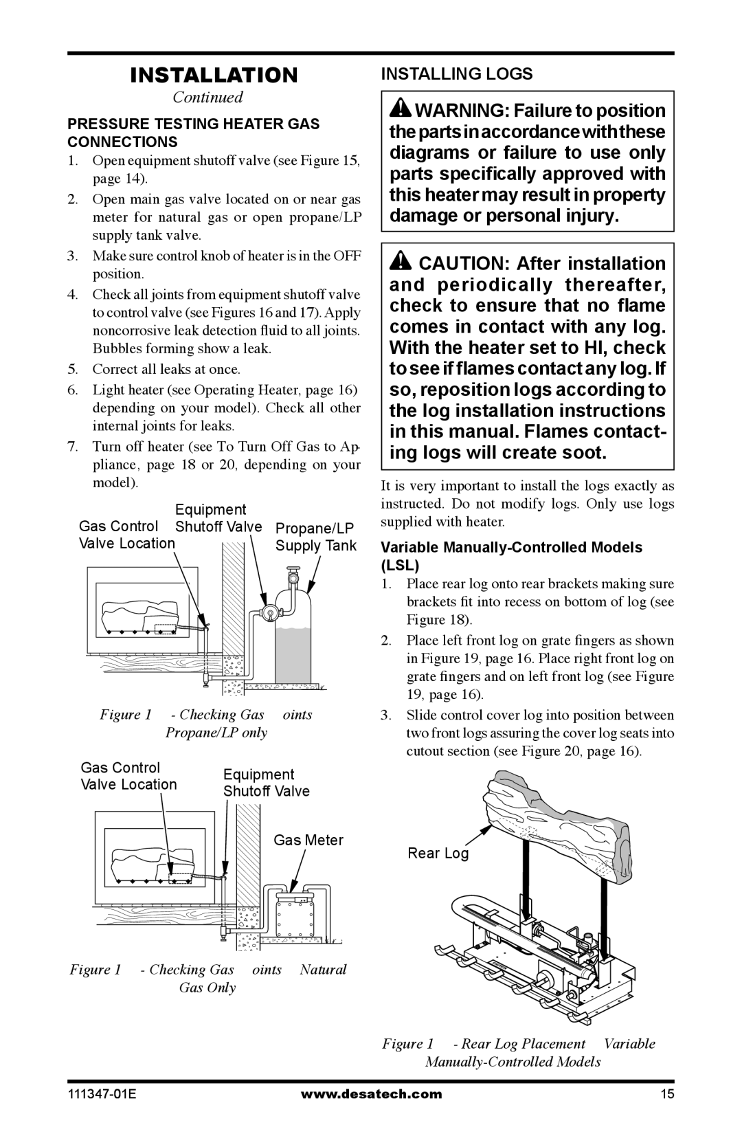 Desa CDL3924NT, CDL3924PT, LSL3124P installation manual Installing Logs, Variable Manually-Controlled Models 