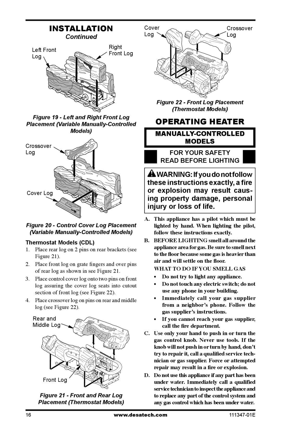 Desa CDL3924PT, CDL3924NT, LSL3124P installation manual Operating Heater, Thermostat Models CDL 