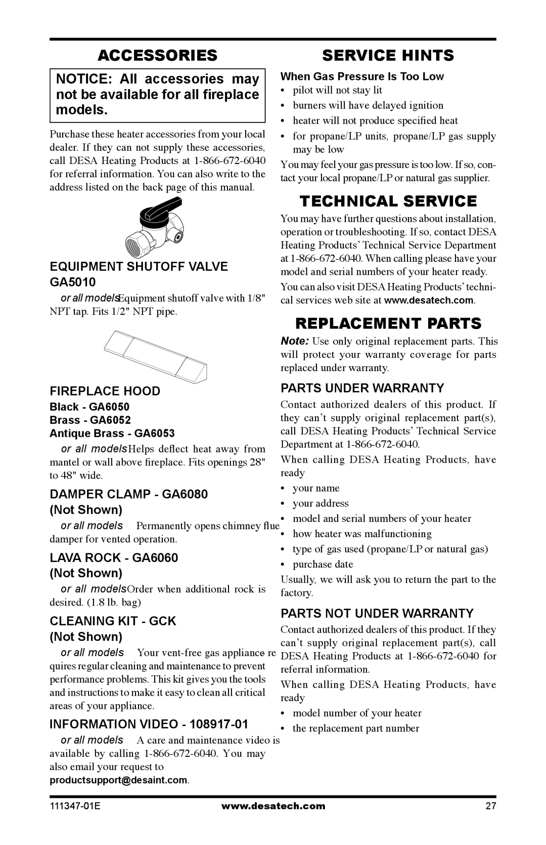 Desa CDL3924NT, CDL3924PT, LSL3124P installation manual Accessories, Service Hints, Technical Service, Replacement Parts 