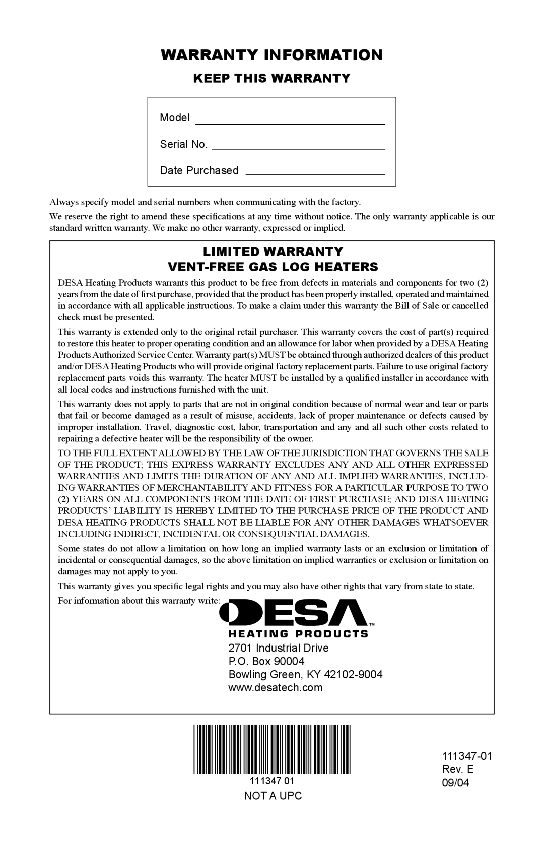 Desa LSL3124P, CDL3924NT, CDL3924PT Warranty Information, Keep this Warranty, Limited Warranty VENT-FREE GAS LOG Heaters 