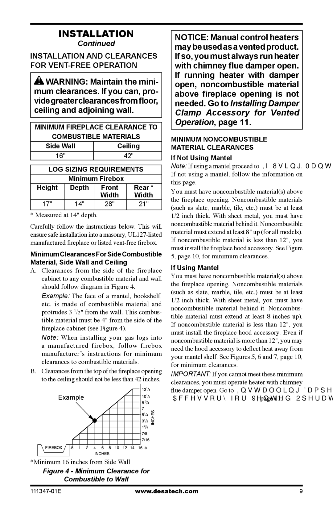 Desa CDL3924NT, CDL3924PT Installation and Clearances for VENT-FREE Operation, Side Wall Ceiling, Height Depth Front Rear 