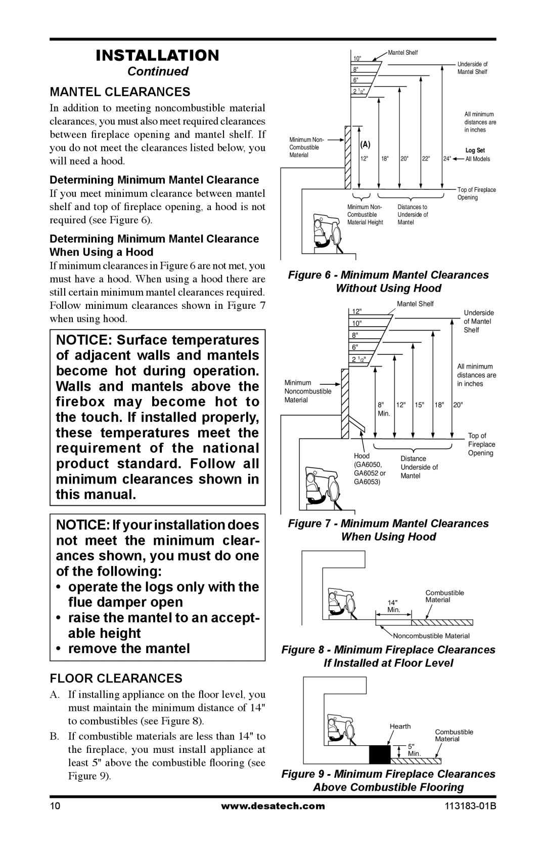 Desa CDR3924NT installation manual Mantel Clearances, Floor Clearances, Determining Minimum Mantel Clearance 