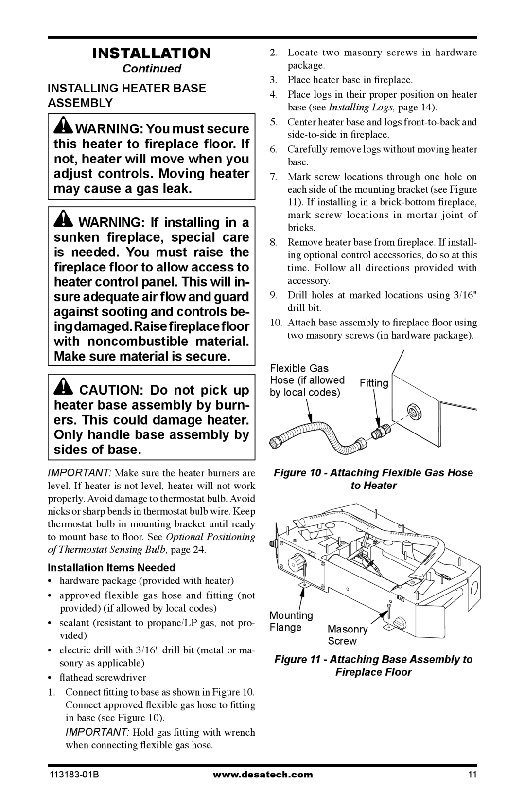 Desa CDR3924NT installation manual Installing Heater Base Assembly, Installation Items Needed 