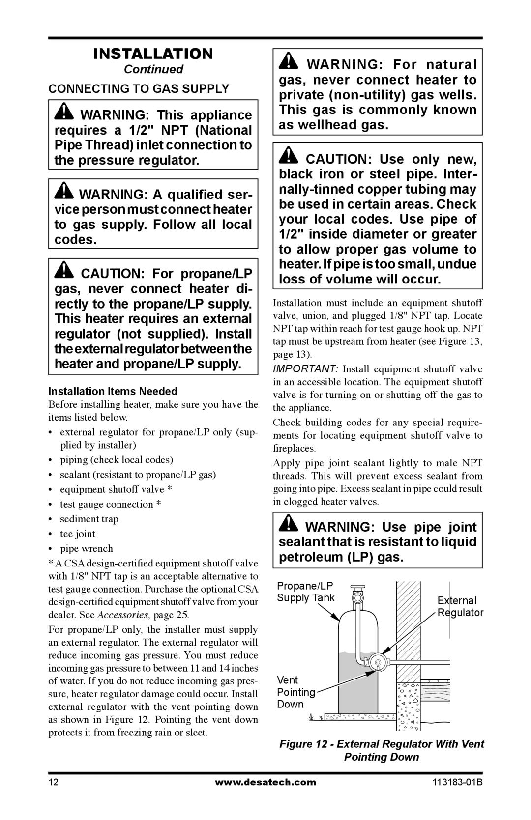 Desa CDR3924NT installation manual Connecting to GAS Supply, External Regulator With Vent Pointing Down 