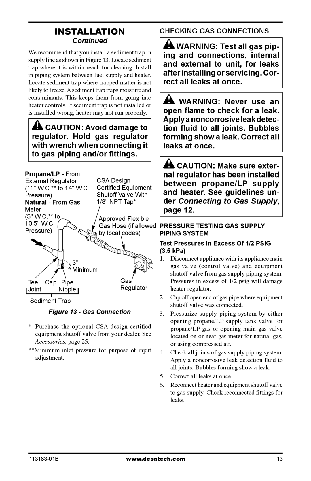 Desa CDR3924NT Checking GAS Connections, Propane/LP From, Natural From Gas, Test Pressures In Excess Of 1/2 Psig 3.5 kPa 