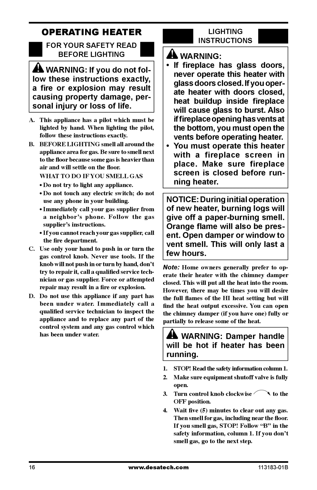 Desa CDR3924NT installation manual Operating Heater, For Your Safety Read Before Lighting, Lighting Instructions 