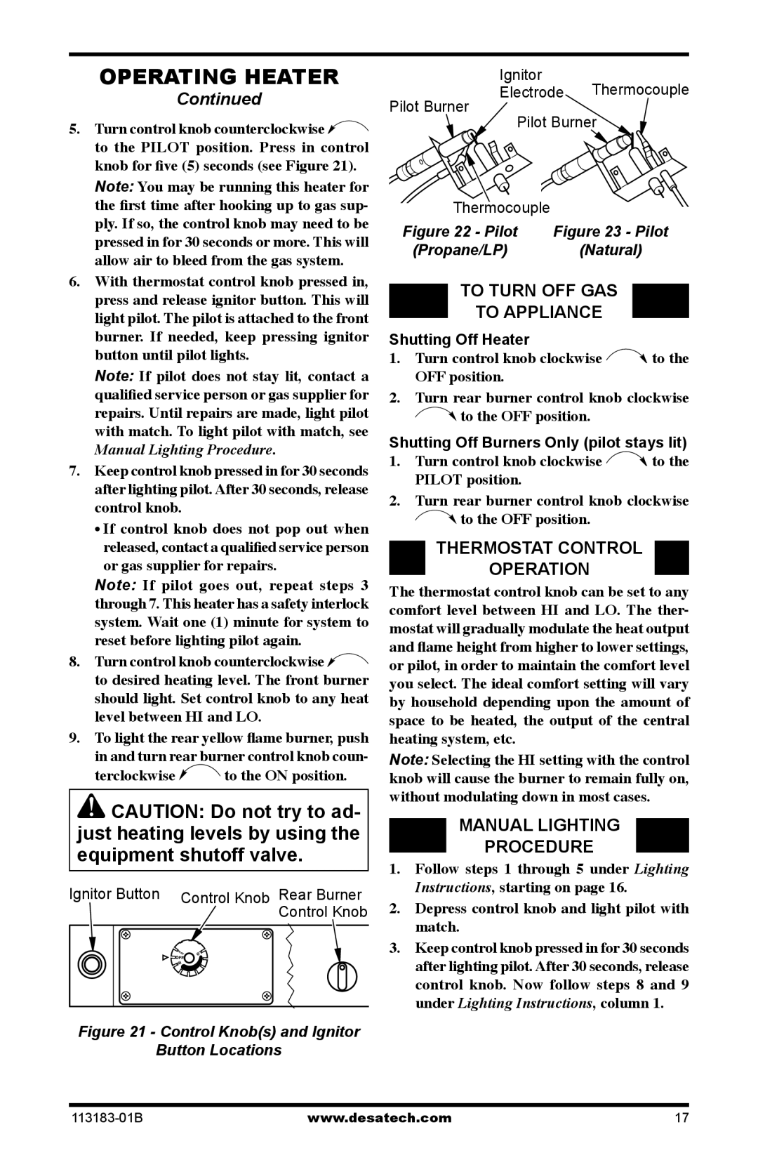 Desa CDR3924NT installation manual To Turn OFF GAS To Appliance, Thermostat Control Operation, Manual Lighting Procedure 