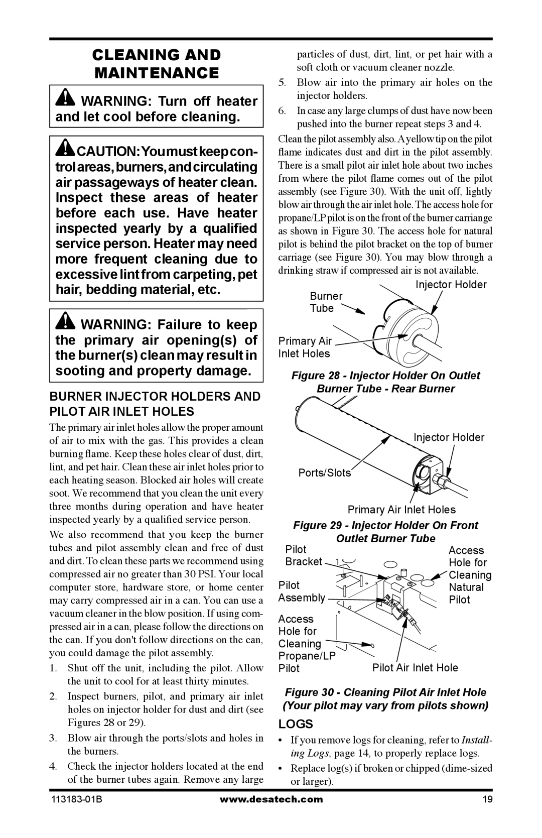 Desa CDR3924NT installation manual Cleaning Maintenance, Burner Injector Holders and Pilot AIR Inlet Holes, Logs 