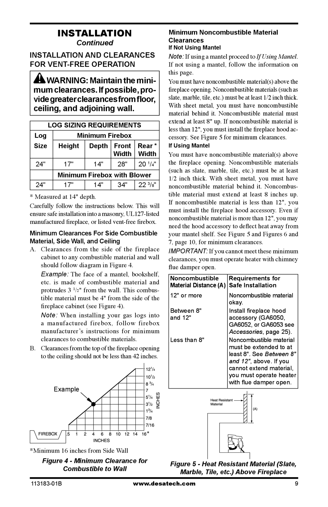 Desa CDR3924NT installation manual Installation and Clearances for VENT-FREE Operation, Log, Rear, Width 